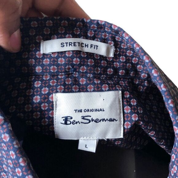 Ben Sherman Mens Button Down Shirt L Navy Blue Long Sleeve Retro Geometric Print - Picture 6 of 7